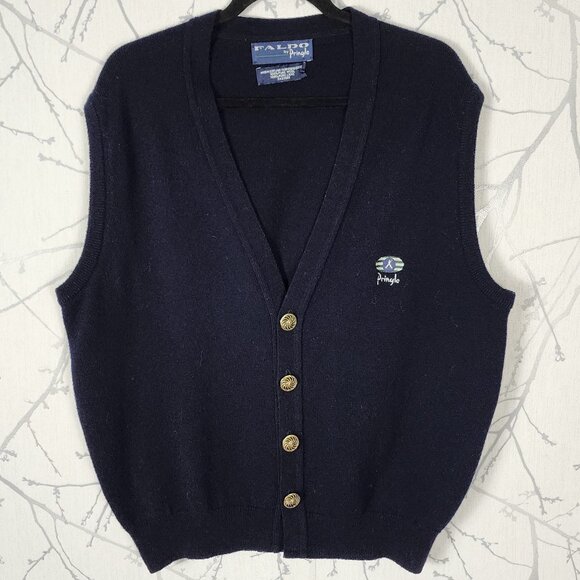 Faldo by Pringle Scotland Navy 100% Wool Button Up Sweater Vest - Picture 1 of 5